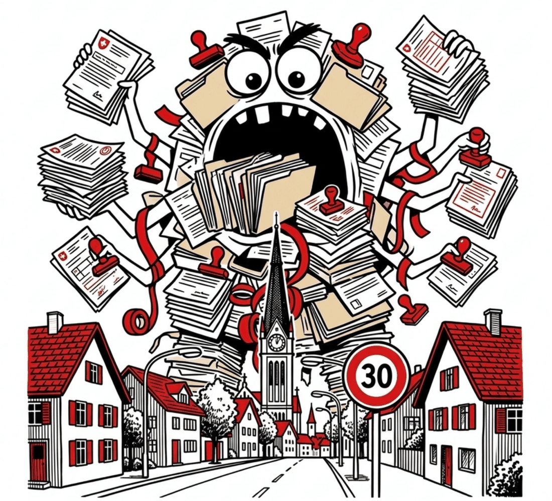 Bürokratiemonster aus Papierstapeln, Ordnern und Stempeln über einer Wetziker Strasse mit Kirchturm und Tempo-30-Schild